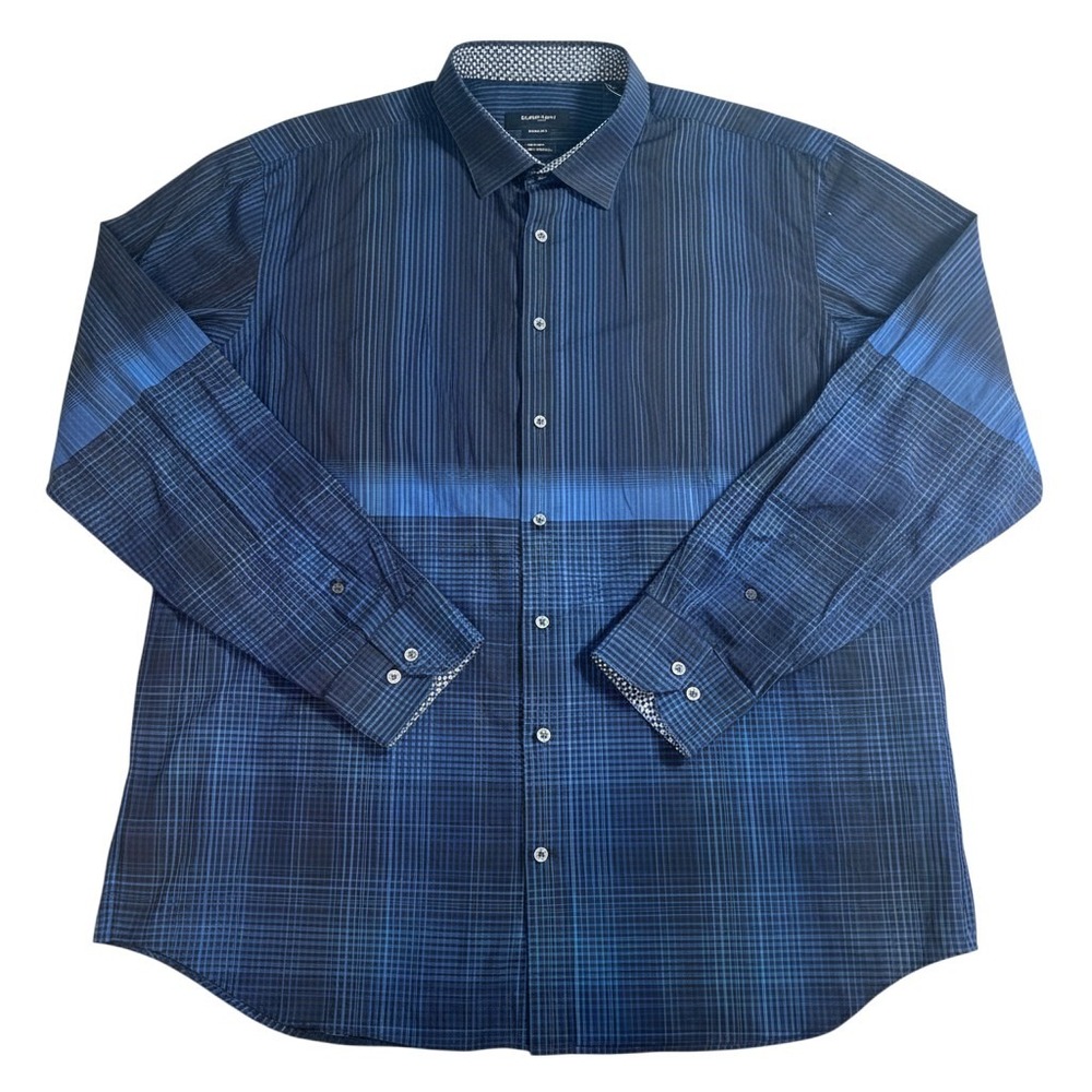 Bugatchi Uomo Button Down Shirt 3XL Blue Mixed Plaid Pinstripe Long Sleeve